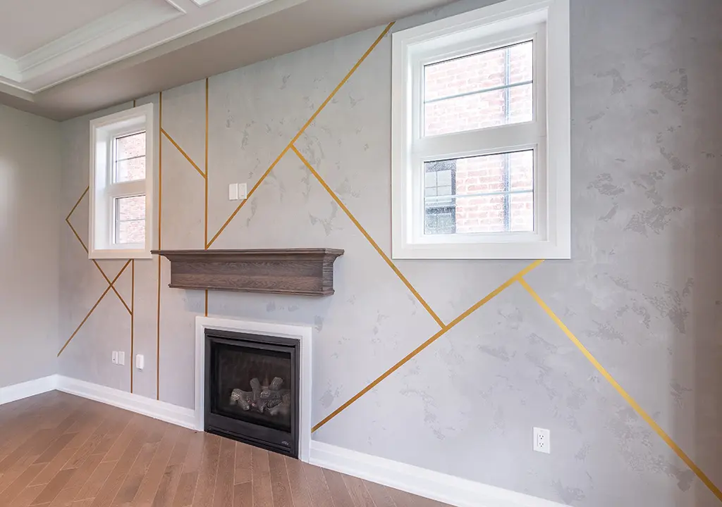 Modern Living Room with Custom Wallpaper and Build in Fire Place Aurora